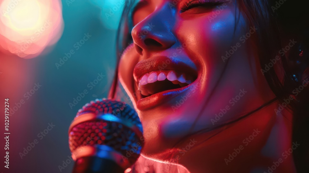 Woman with microphone, white background, public speaking Woman with microphone, white background, public speaking