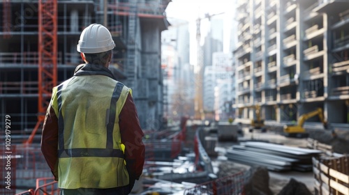 Construction Worker Overlooking Urban Building Site at Sunrise