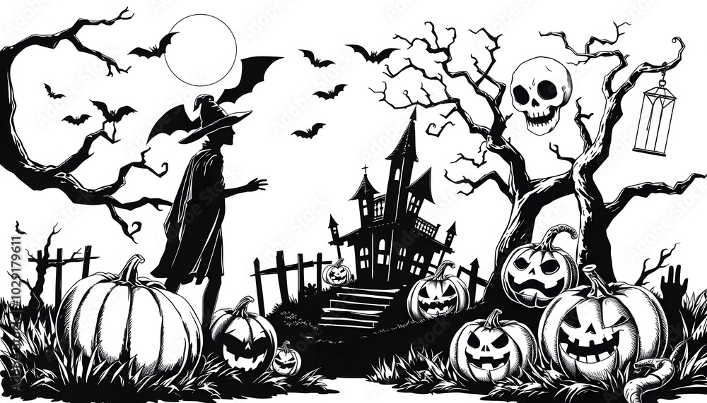 Naklejka premium Halloween attributes collection set line art sketch engraving PNG illustration. T-shirt apparel print design. Scratch board imitation. Black and white hand drawn image isolated with white highlights
