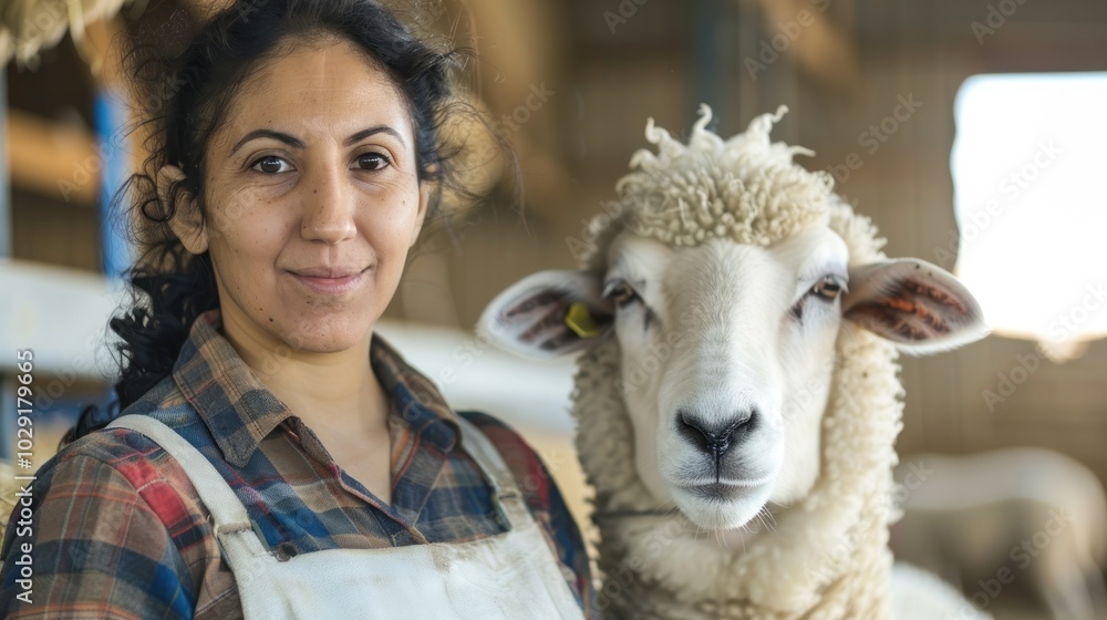 Middle Eastern female sheep veterinarian caring for livestock in a bright barn setting focused on animal wellbeing Middle Eastern female sheep veterinarian caring for livestock in a bright barn setting focused on animal wellbeing