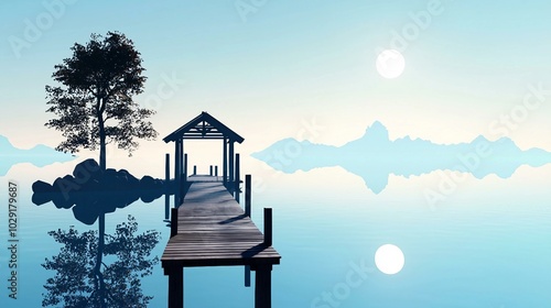 Tranquil Lakeside Pier Reflecting Mountains at Sunset