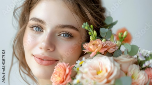 Woman with bouquet, white background, gift giving