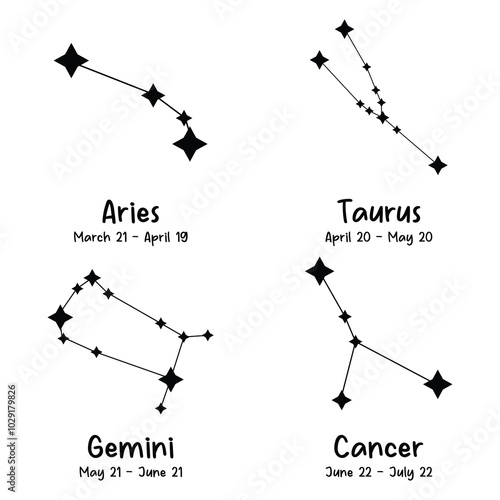 Zodiac Constellations Set: Aries, Taurus, Gemini, Cancer - Vector Design
