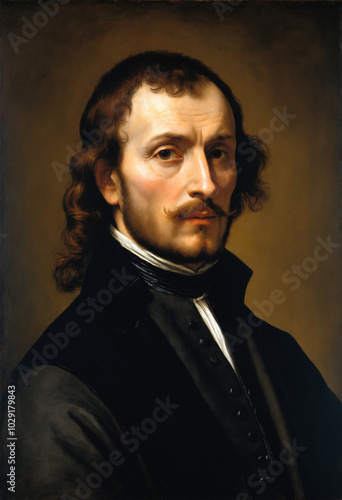 Renaissance-style portrait of a man in colonial-era clothing, Generative AI	
