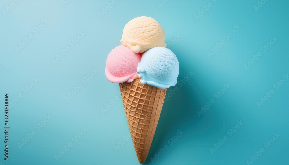 Triple Scoop Ice Cream Cone with Pastel Flavors Melting on a Crisp Waffle Cone Against a Vibrant Blue Background. Perfect for Summer Dessert Ads, Frozen Treat Menus, or Children's Party Themes