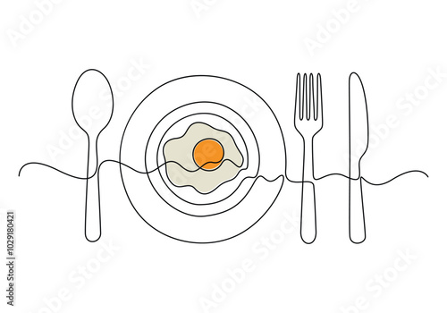 Plate, spoon, fork and knife single line drawing. Continuous one line drawing of sunny side up vector illustration