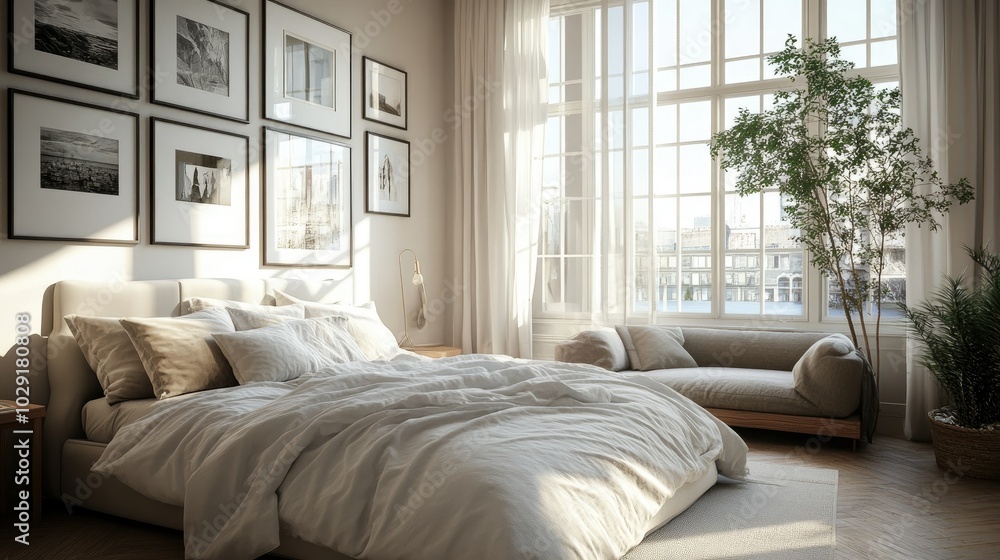 Bright and airy bedroom with a large bed, framed photos, and a comfortable sofa, creating a cozy and stylish space. Bright and airy bedroom with a large bed, framed photos, and a comfortable sofa, creating a cozy and stylish space.