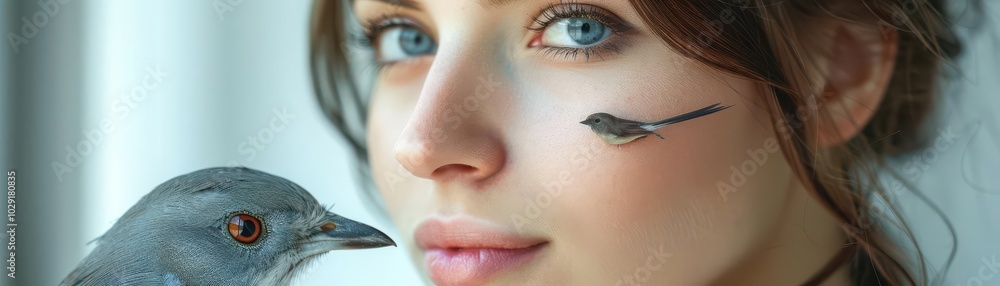 Fototapeta premium Woman with pet bird, white background, avian friend