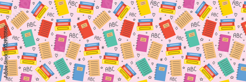 Cute school background with hand drawn books and notebooks. Seamless patten design. Banner. Vector illustration