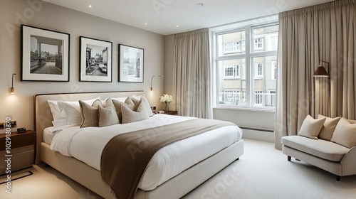 Bright and airy bedroom with a large bed, framed photos, and a comfortable sofa, creating a cozy and stylish space.