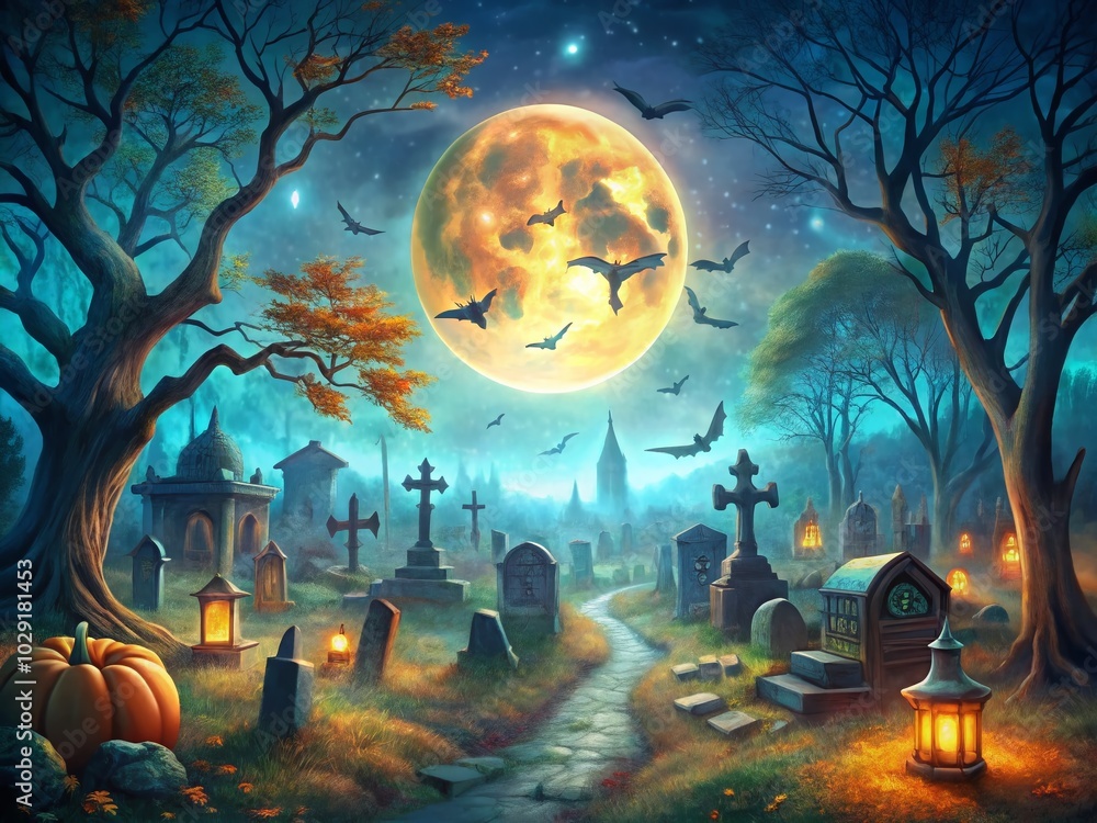Fototapeta premium Spooky Halloween Scene with Bats, Graveyard, and Full Moon - Aerial Photography