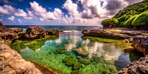 Aerial View of an Emerald Green Natural Sea Pool on Iriomote Island with Coral Platform and Coastal Rocks photo