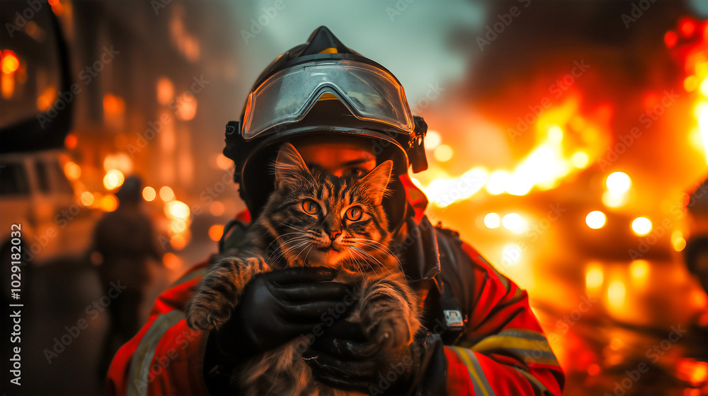 Brave fire fighter rescue cat from fire incident . Brave fire fighter rescue cat from fire incident .