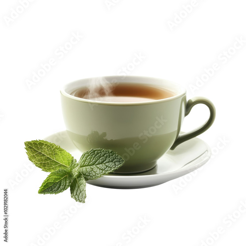 Fresh Herbal Green Tea with Fresh Mint Leaves in a Cup isolated on transparent background. 