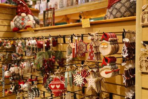 Christmas tree decorations in store. Decorate the holiday season and bring a touch of welcome to your home. Holiday decoration and seasonal shopping concept