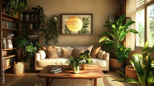 Comfortable living room with a wooden table, inviting sofa, various indoor plants, and a bookshelf, all complemented by soft, natural lighting.