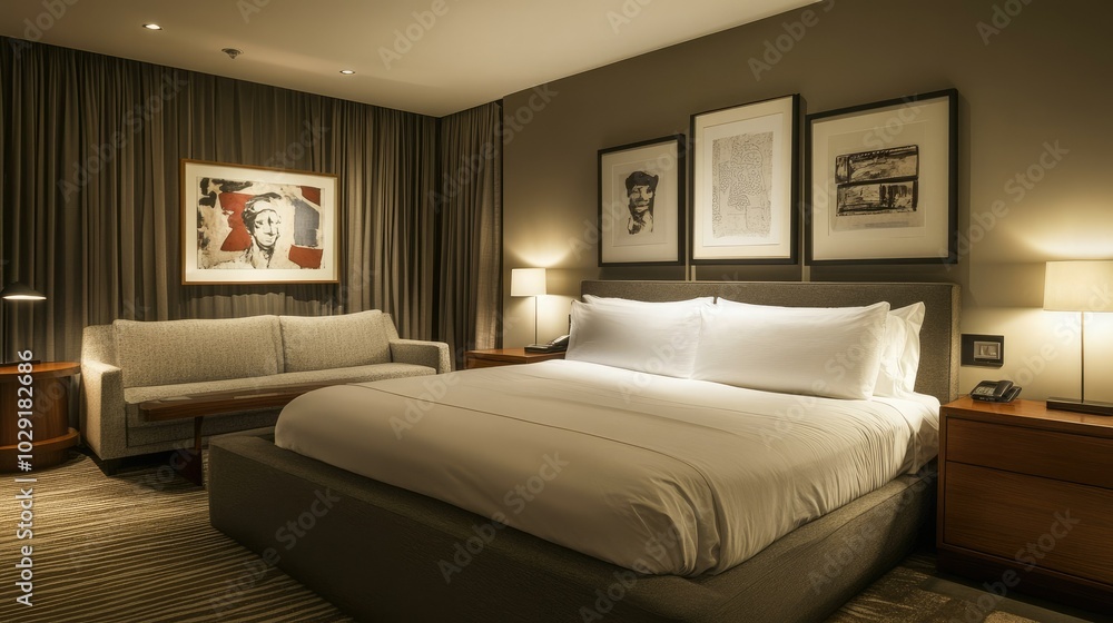 Contemporary bedroom with a large bed, a collection of picture frames on the wall, and a sleek sofa, offering a peaceful retreat. Contemporary bedroom with a large bed, a collection of picture frames on the wall, and a sleek sofa, offering a peaceful retreat.