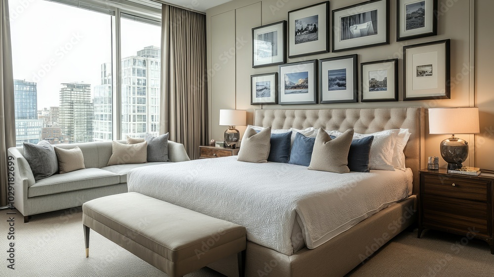 Fototapeta premium Contemporary bedroom with a large bed, a collection of picture frames on the wall, and a sleek sofa, offering a peaceful retreat.