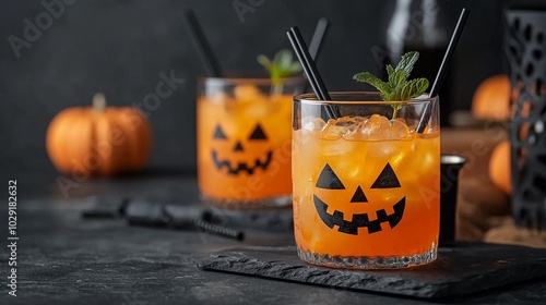 Festive Halloween cocktails with pumpkin decor, served in glasses with spooky designs, perfect for a seasonal celebration. photo