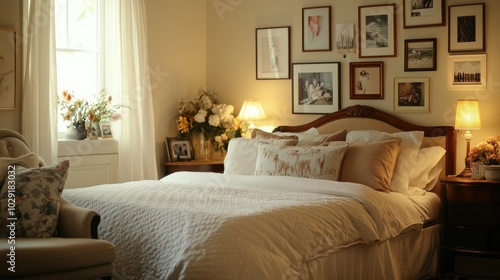 Cozy and inviting bedroom featuring a large bed, framed photos on the walls, and a soft sofa for lounging and relaxation.