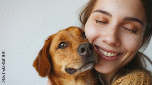 Woman with dog, white background, pet companionship