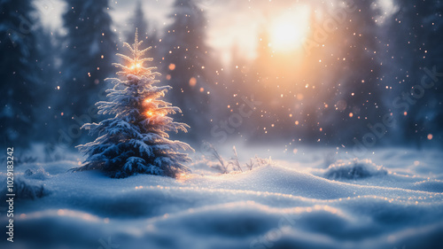 A small Christmas tree is surrounded by snow in a forest. The snow is falling and the sun is shining through the trees. The scene is peaceful and serene, with the tree standing out as a symbol of hope