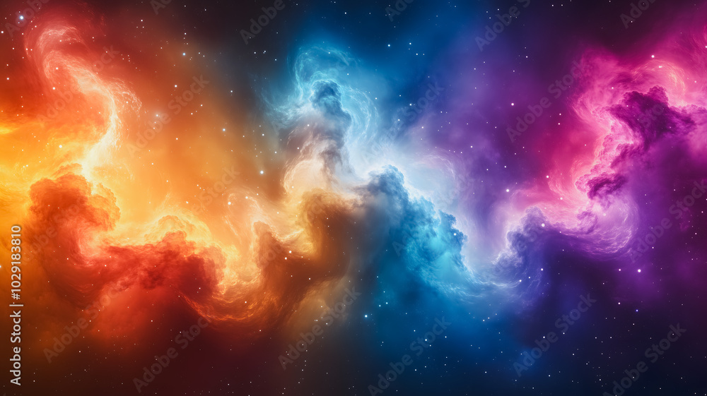 Obraz premium A colorful galaxy with a rainbow of colors. The colors are orange, yellow, blue, and purple. The stars are scattered throughout the galaxy, and the clouds are also colorful. Scene is one of wonder