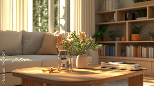 Living room with a charming wooden table, soft sofa, indoor plants adding freshness, and a small bookshelf, arranged in a modern layout