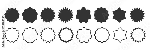 Circle Stamp sticker set. Starburst Blank simple shape. Wavy edge promo Sale Price tag blank icon. Black silhouette and Line Frame. Flat design labels. Vector illustration