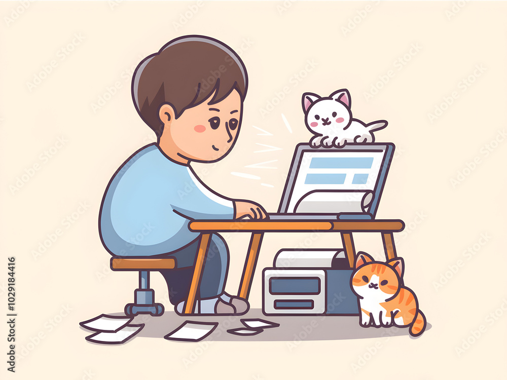 Working from Home with a Cat's Assistance: A cute and relatable illustration of a young man working on his laptop at his home desk. Working from Home with a Cat's Assistance: A cute and relatable illustration of a young man working on his laptop at his home desk.