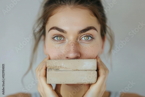 Woman with yoga blocks, white background, fitness support photo