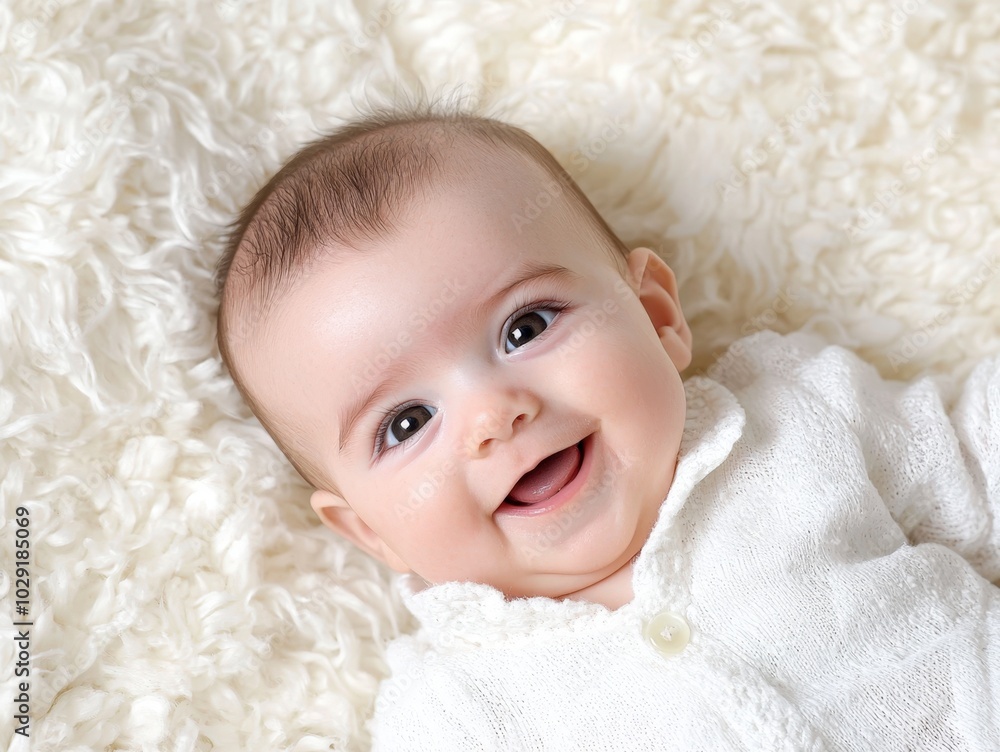 Delightful baby with a joyful smile resting on a soft, fluffy blanket indoors Delightful baby with a joyful smile resting on a soft, fluffy blanket indoors