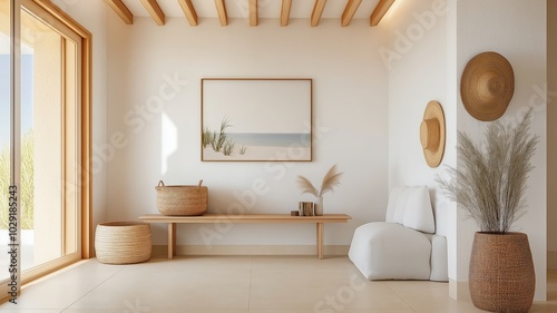 Bright Coastal-Inspired Hallway with Natural Decor and Ocean View