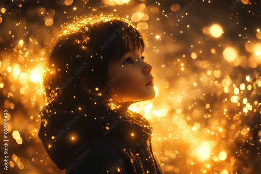 Young girl looking up surrounded by golden lights and sparkles Young girl looking up surrounded by golden lights and sparkles