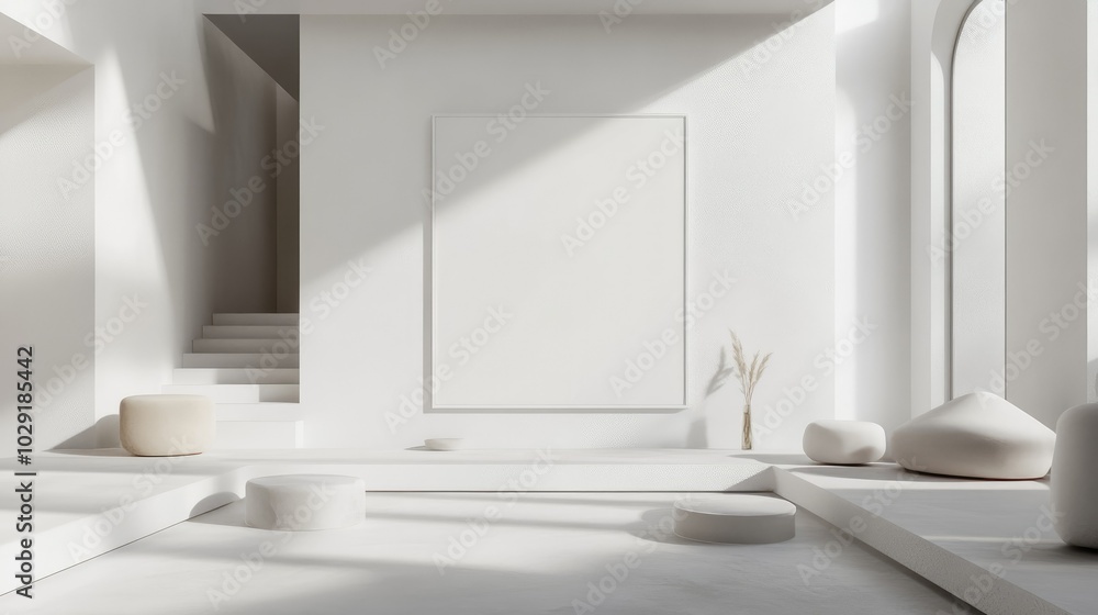 Fototapeta premium Modern white room with a blank frame mockup on the wall, sleek contemporary furniture, and geometric accents for a stylish interior.