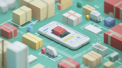 A 3D arrangement of colorful packages and a smartphone, illustrating e-commerce or delivery service concepts.