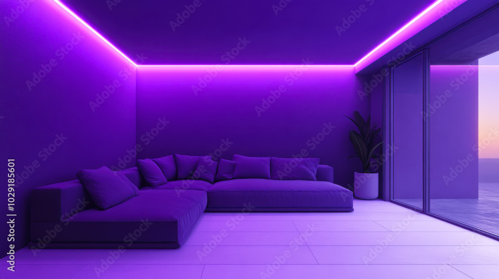Modern minimalistic interior with purple neon lighting and comfortable seating in a trendy urban loft setting Modern minimalistic interior with purple neon lighting and comfortable seating in a trendy urban loft setting