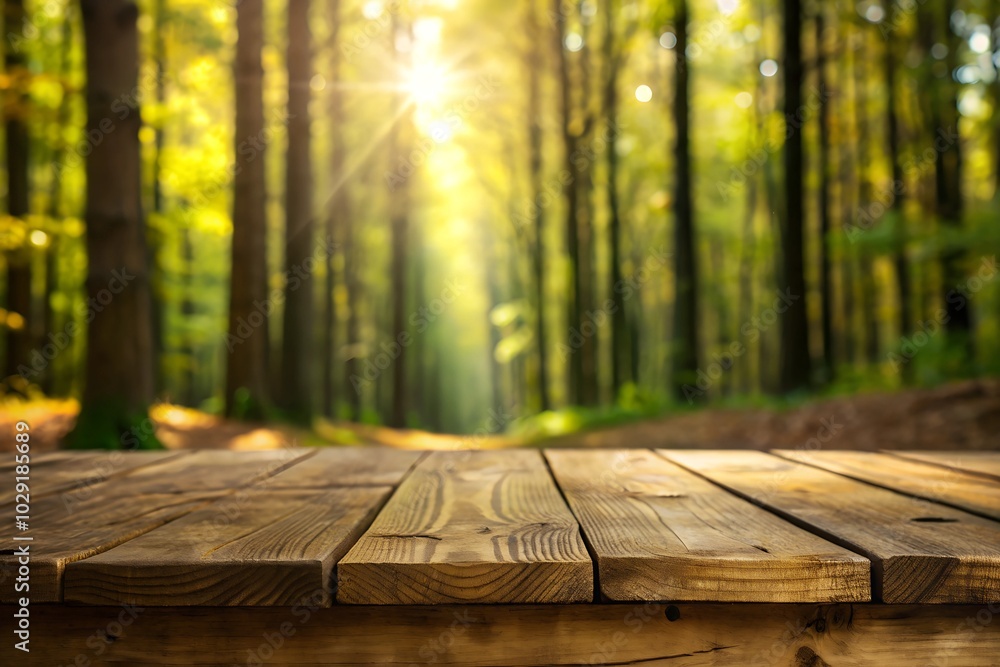 Wooden table and spring forest background Wooden table and spring forest background