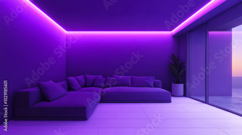 Modern minimalistic interior with purple neon lighting and comfortable seating in a trendy urban loft setting