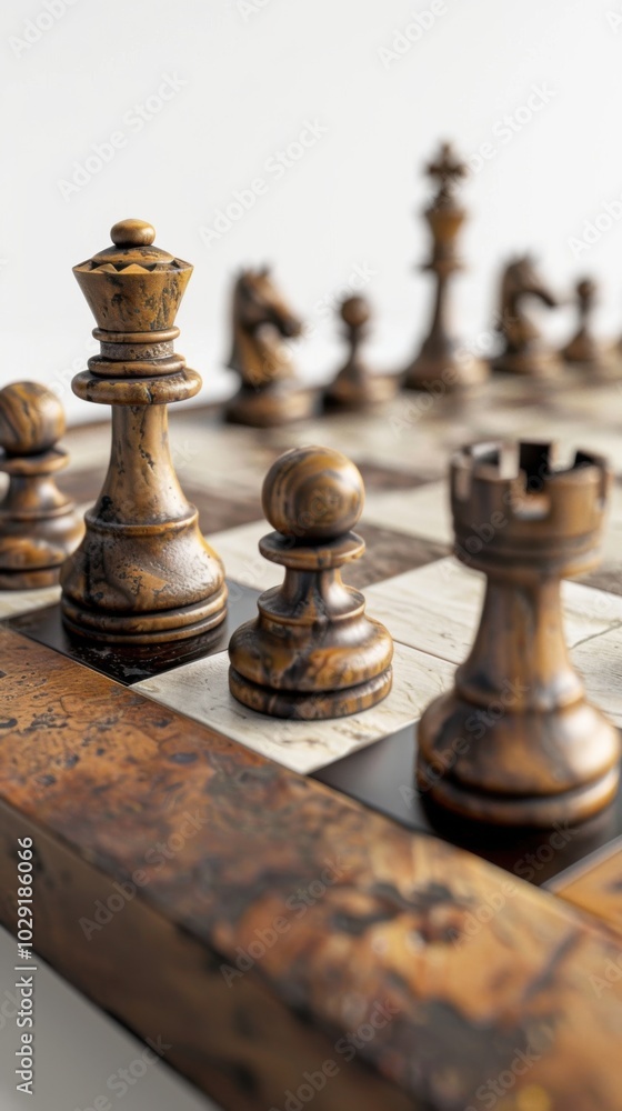 Fototapeta premium Handcrafted wooden chessboard, white background, 4K hyperrealistic photo
