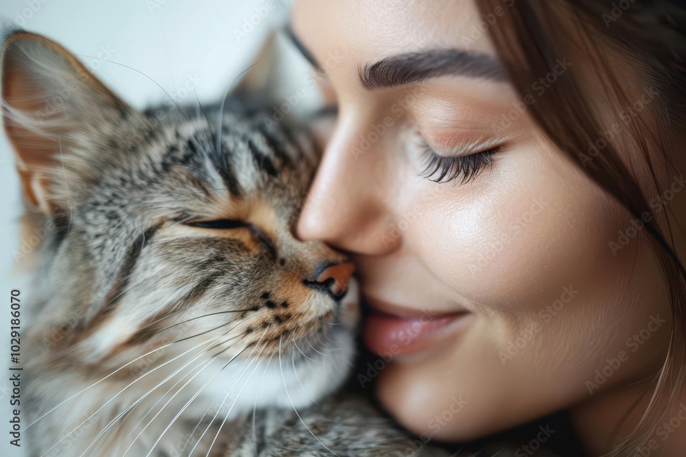 Woman with cat, white background, pet affection Woman with cat, white background, pet affection