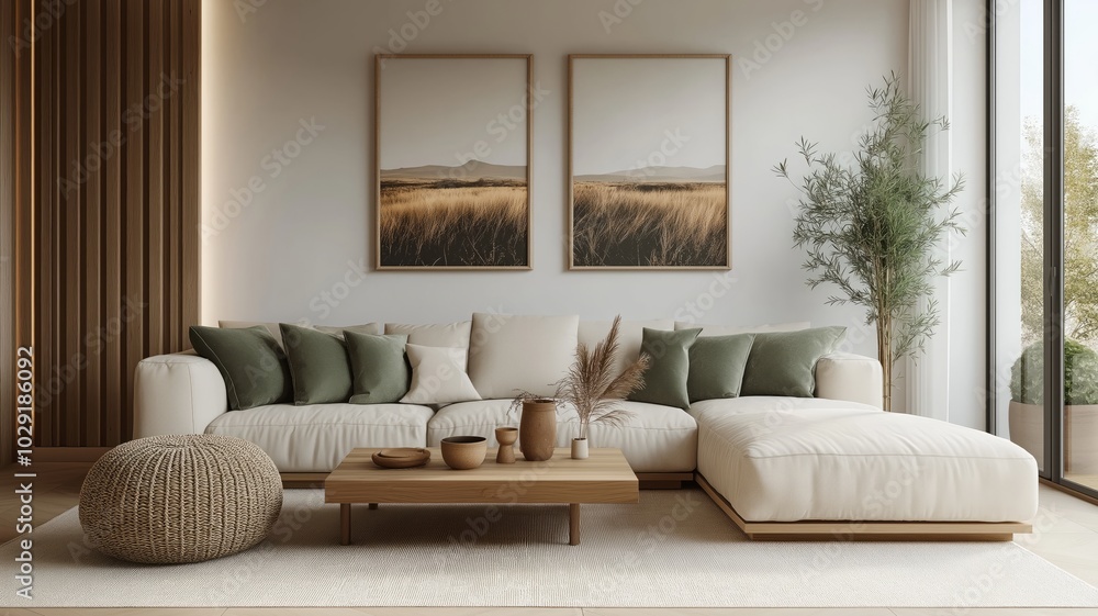 Modern Neutral-Toned Living Room with L-Shaped Sofa and Minimalist Decor Modern Neutral-Toned Living Room with L-Shaped Sofa and Minimalist Decor