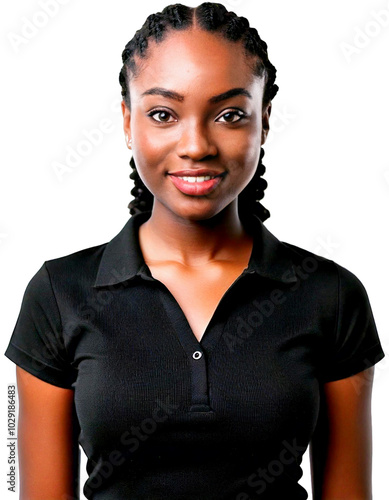A portrait of a Black woman wearing a black polo shirt with a transparent background.
