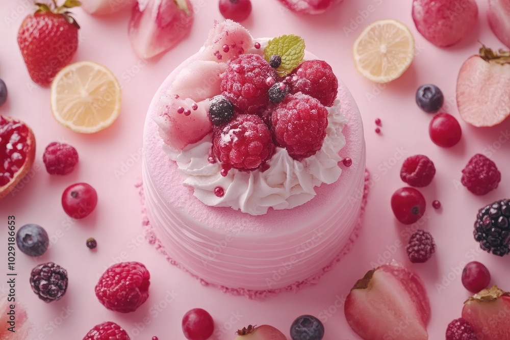 Delicious pink birthday cake decorated with fresh summer berries on pink background Delicious pink birthday cake decorated with fresh summer berries on pink background