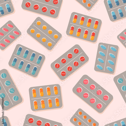 Hand drawn seamless pattern of various blister pills, drugs or vitamins. Healthcare, pharmaceutical or medical concept. Vector background flat illustration for print, poster, wrapping paper, wallpaper