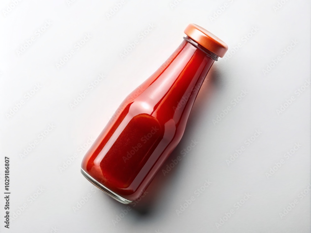 Aerial View of Glass Ketchup Bottle on White Background for Culinary Photography Aerial View of Glass Ketchup Bottle on White Background for Culinary Photography