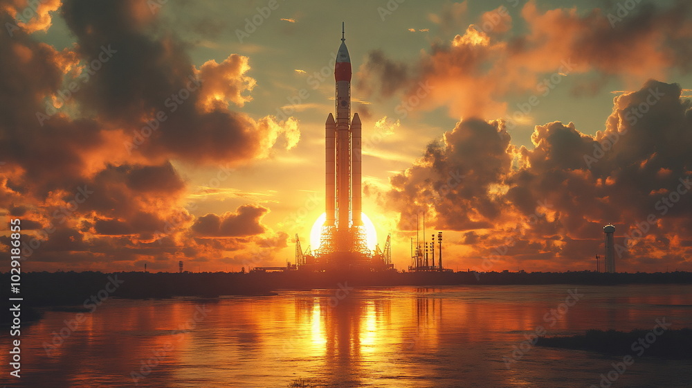 Fototapeta premium Dawn of Space Exploration with a Rocket in the Golden Sky