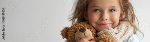 Child with teddy bear, white background, childhood comfort