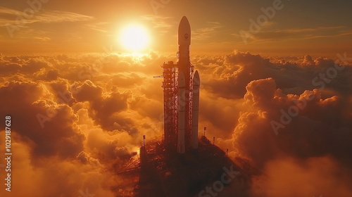 Dawn of Space Exploration with a Rocket in the Golden Sky