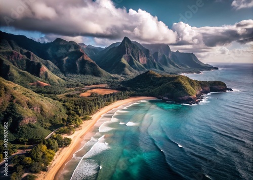 Aerial View of Kekaha Beach Park in Kauai, Hawaii - Serene Coastal Landscape for Travel Inspiration photo